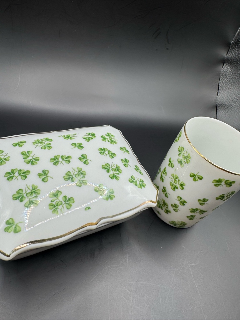 Title: Vintage Made in Japan Shamrock Clover Trinket Box & Vase Gold Trim